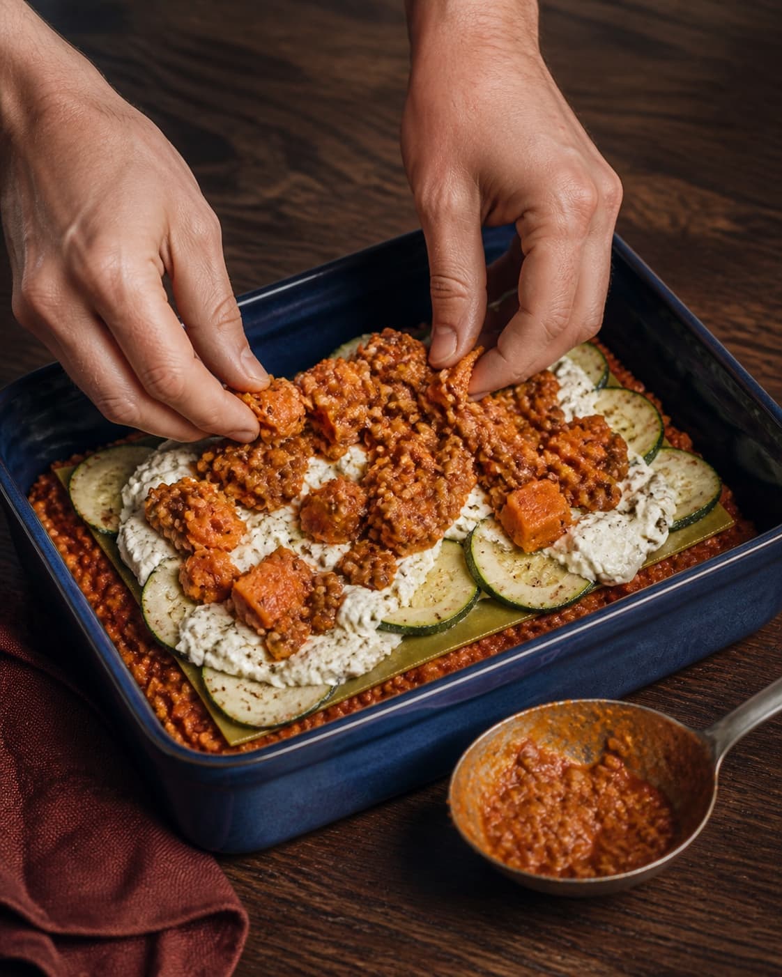 Hænder lægger grøn pasta, zucchini, ragù og béchamel i blåt fad
