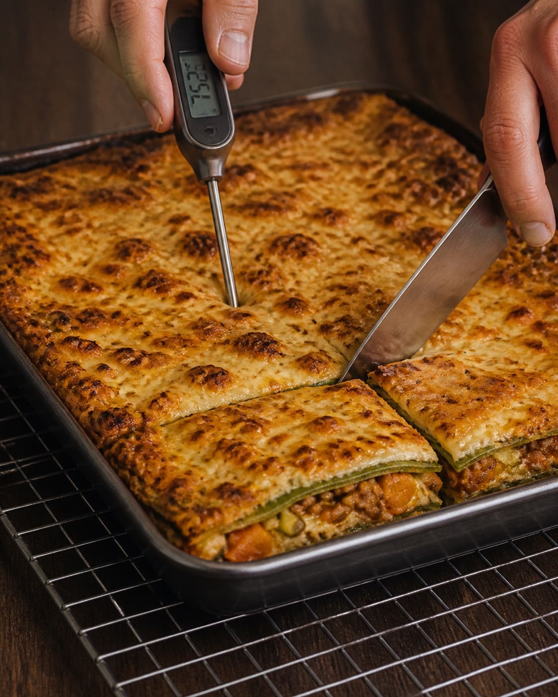 Termometer viser cirka 75 grader i gylden lasagne før rent snit