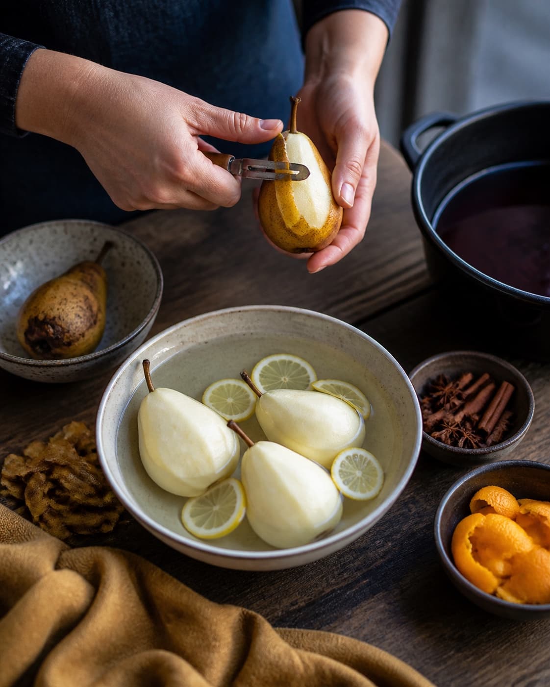 Hænder skræller faste pærer med stilk over citronvand