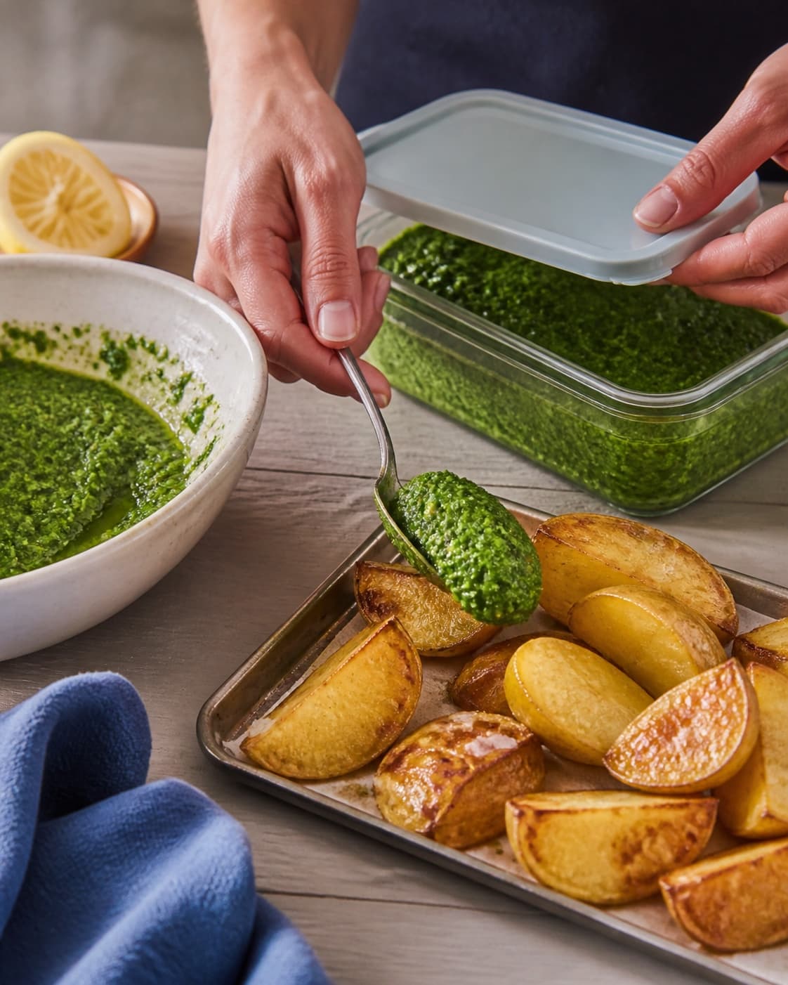 Ske-fast grøn pesto formes og resten dækkes i ren beholder