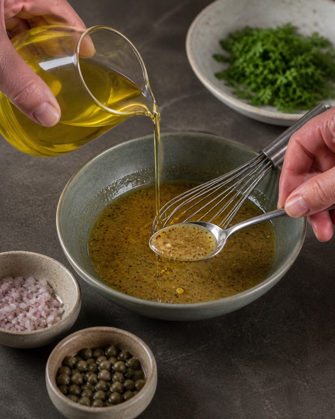 Olie piskes langsomt i varm kapers-sennepsvinaigrette