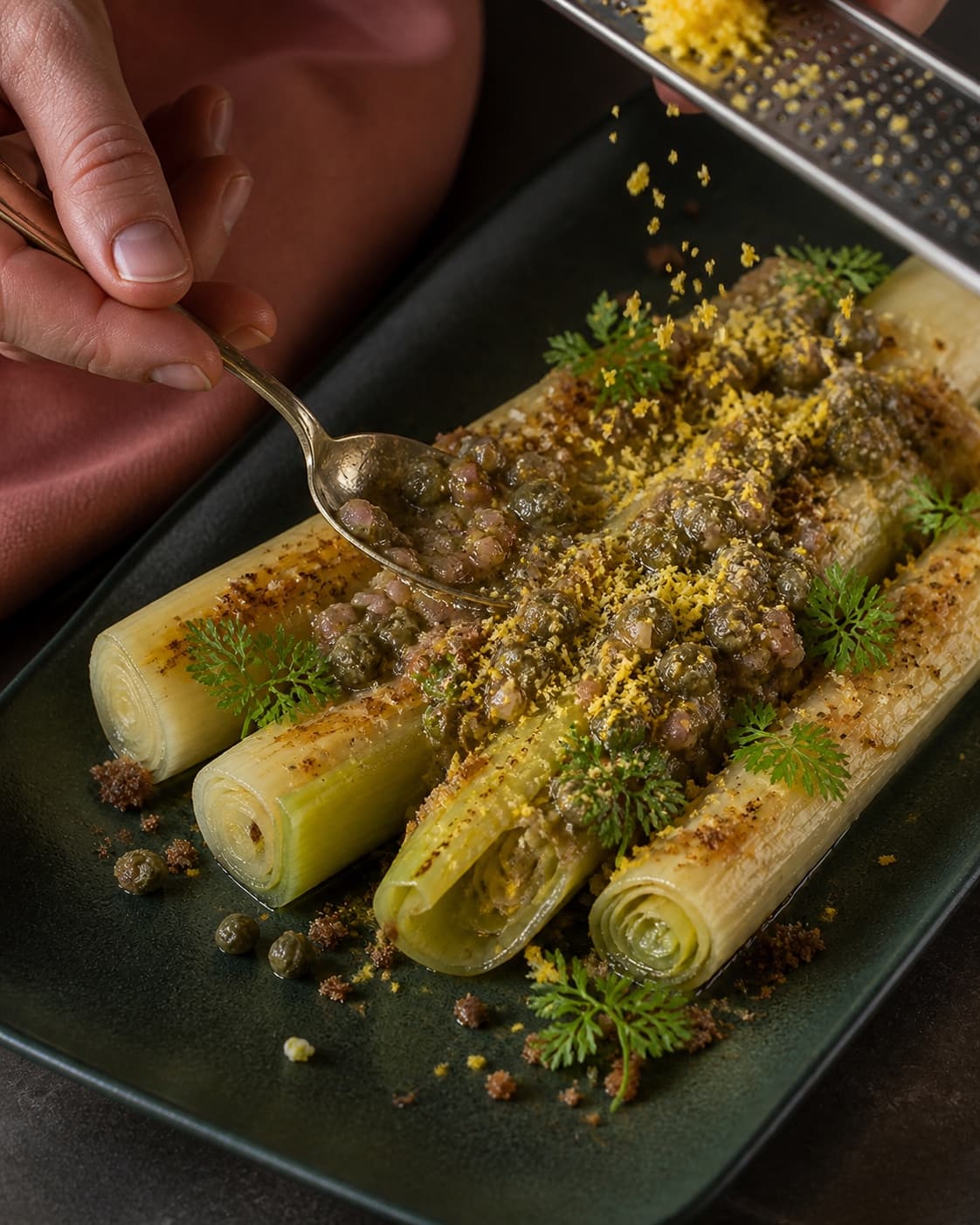 Lun porre toppes med kapervinaigrette, revet æg og kørvel