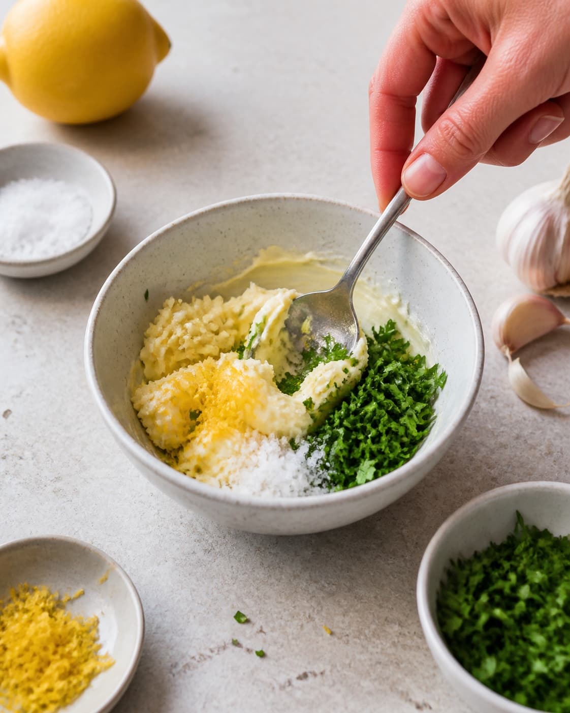 Blødt smør røres med persille, hvidløg, citron og salt i en skål
