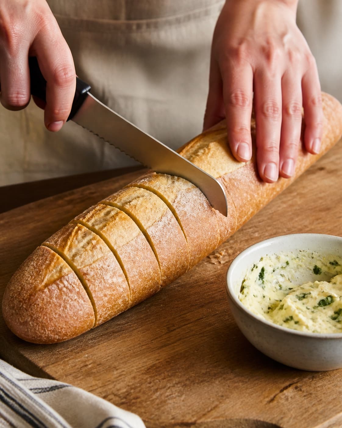 Baguette skæres i dybe diagonale snit uden at skære gennem bunden
