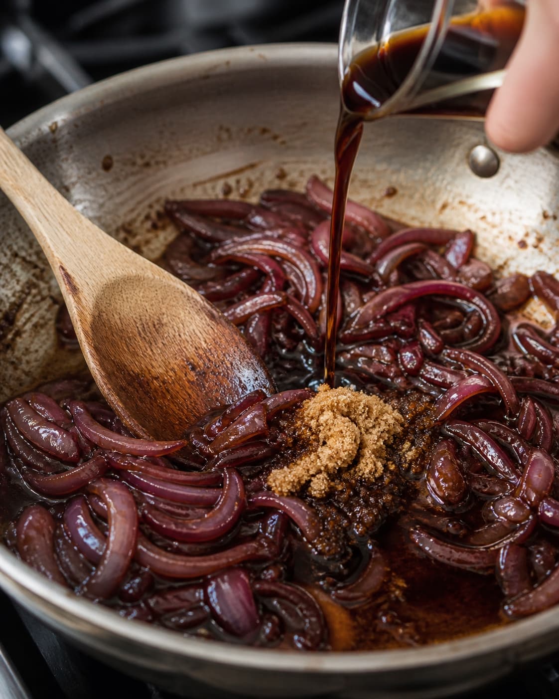 Balsamico og farin reduceres omkring bløde rødløg til blank glasering