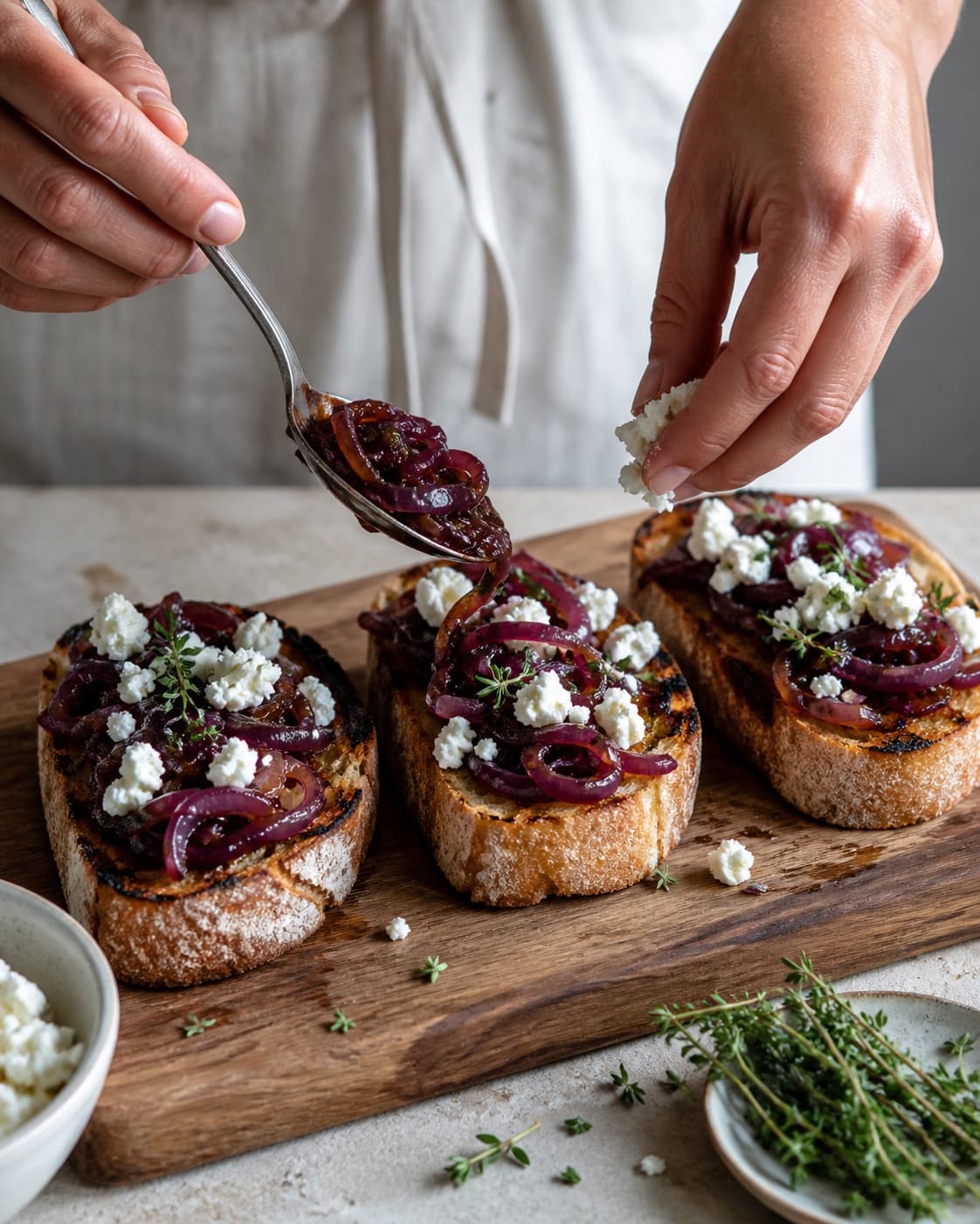 Karamelliserede rødløg, feta og timian fordeles på grillet brød