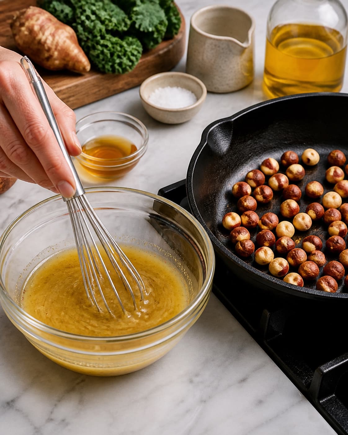 Sennepsvinaigrette piskes ved siden af hasselnødder, der ristes tørt
