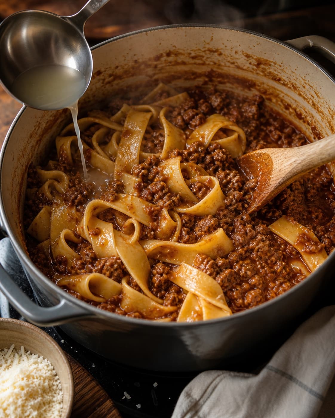 Pappardelle vendes blank i tæt okse-svineragù med pastavand