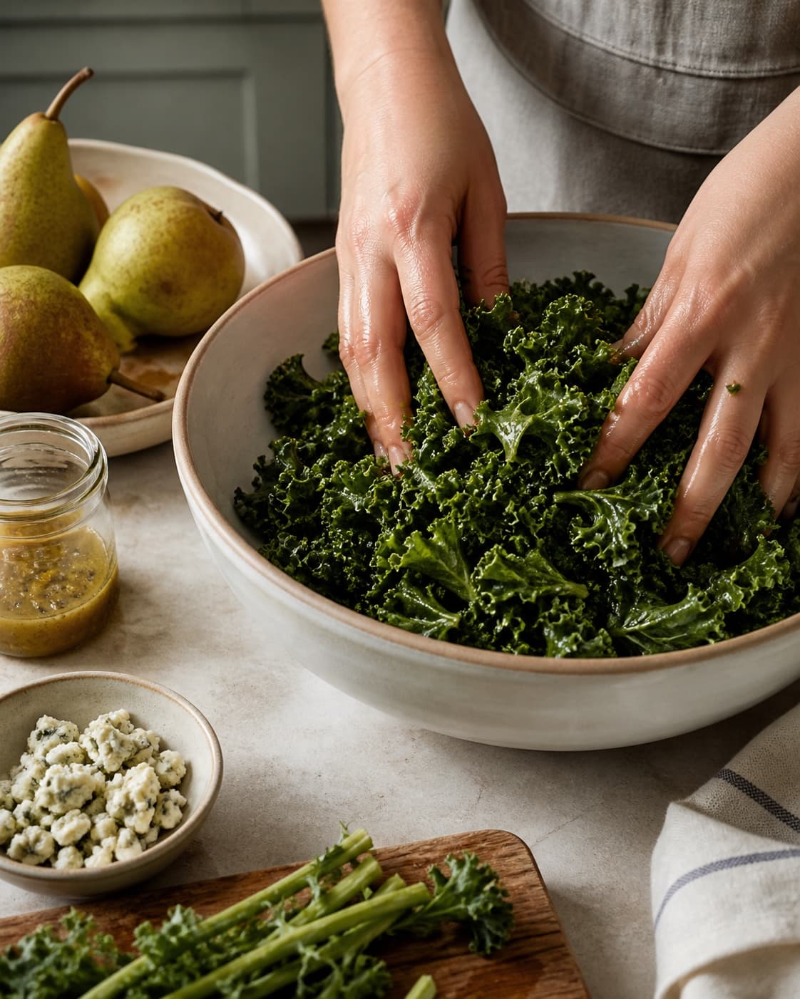 Tør grønkål masseres kort med lidt sherryvinaigrette