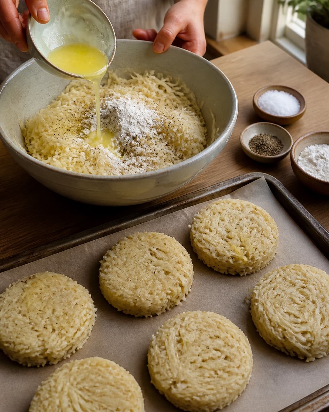 Tørre kartoffelstrimler krydres og formes løst til runde rösti
