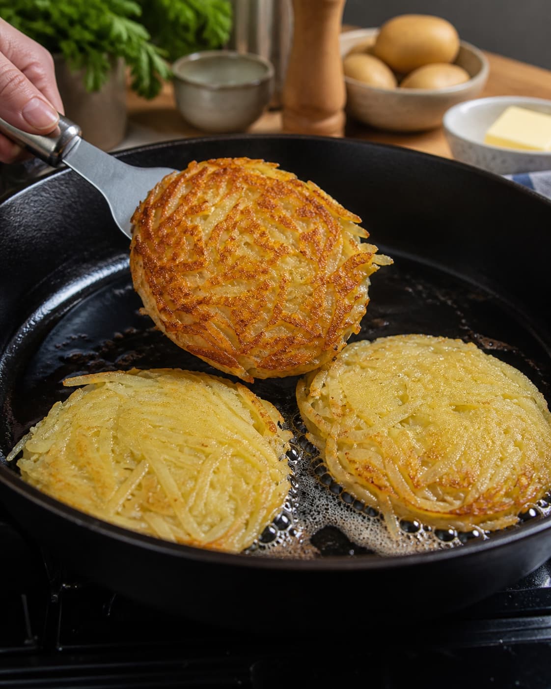 En kartoffelrösti vendes og viser en ensartet gylden sprød skorpe