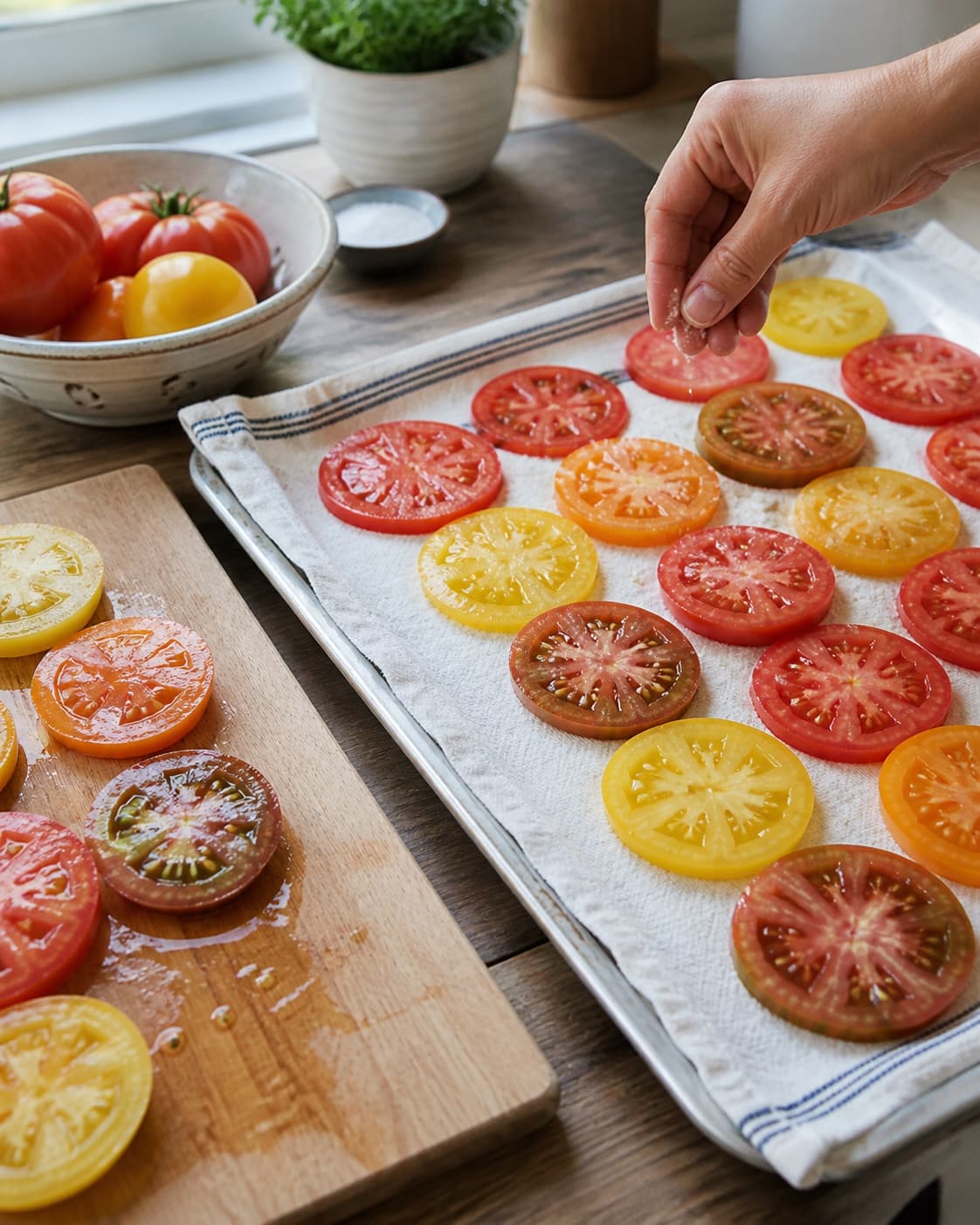 Farverige tomatskiver saltes i ét lag og duppes helt tørre