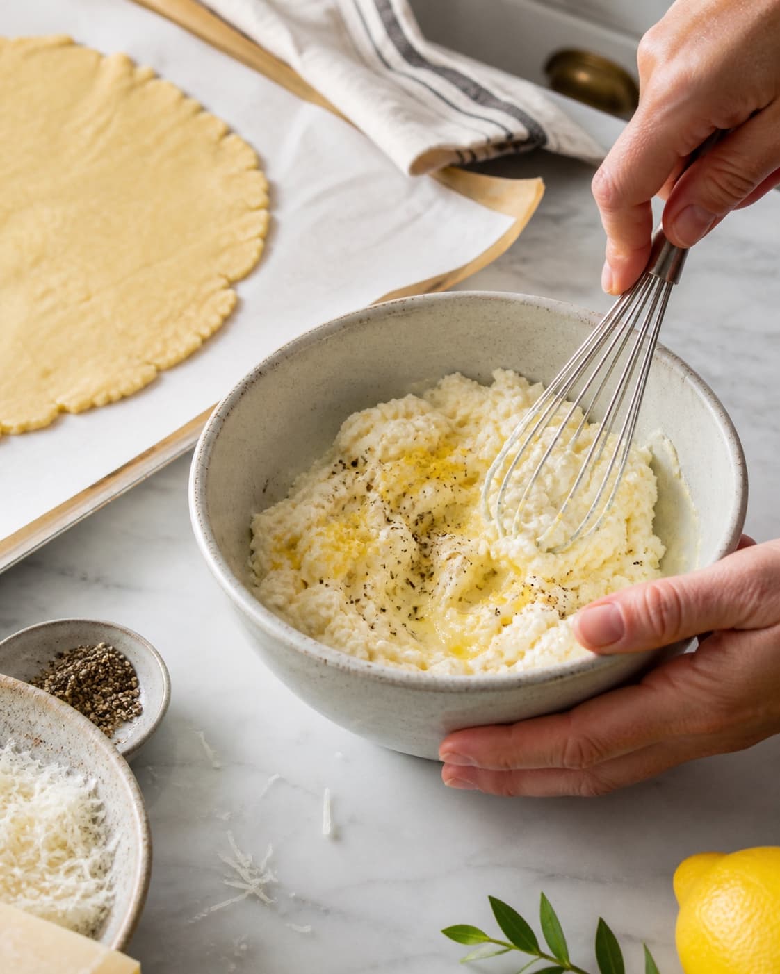 Drænet ricotta piskes med parmesan, citron, peber og lidt æg