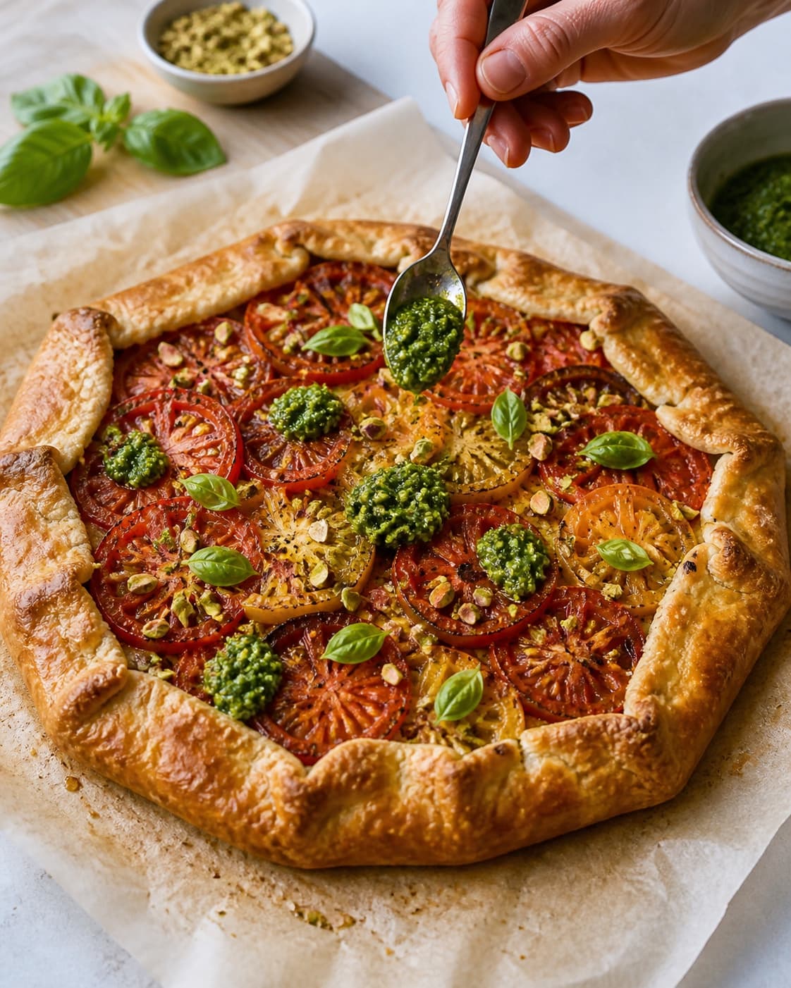 Grøn pistacie-basilikumpesto fordeles på en afkølet gylden tomatgalette