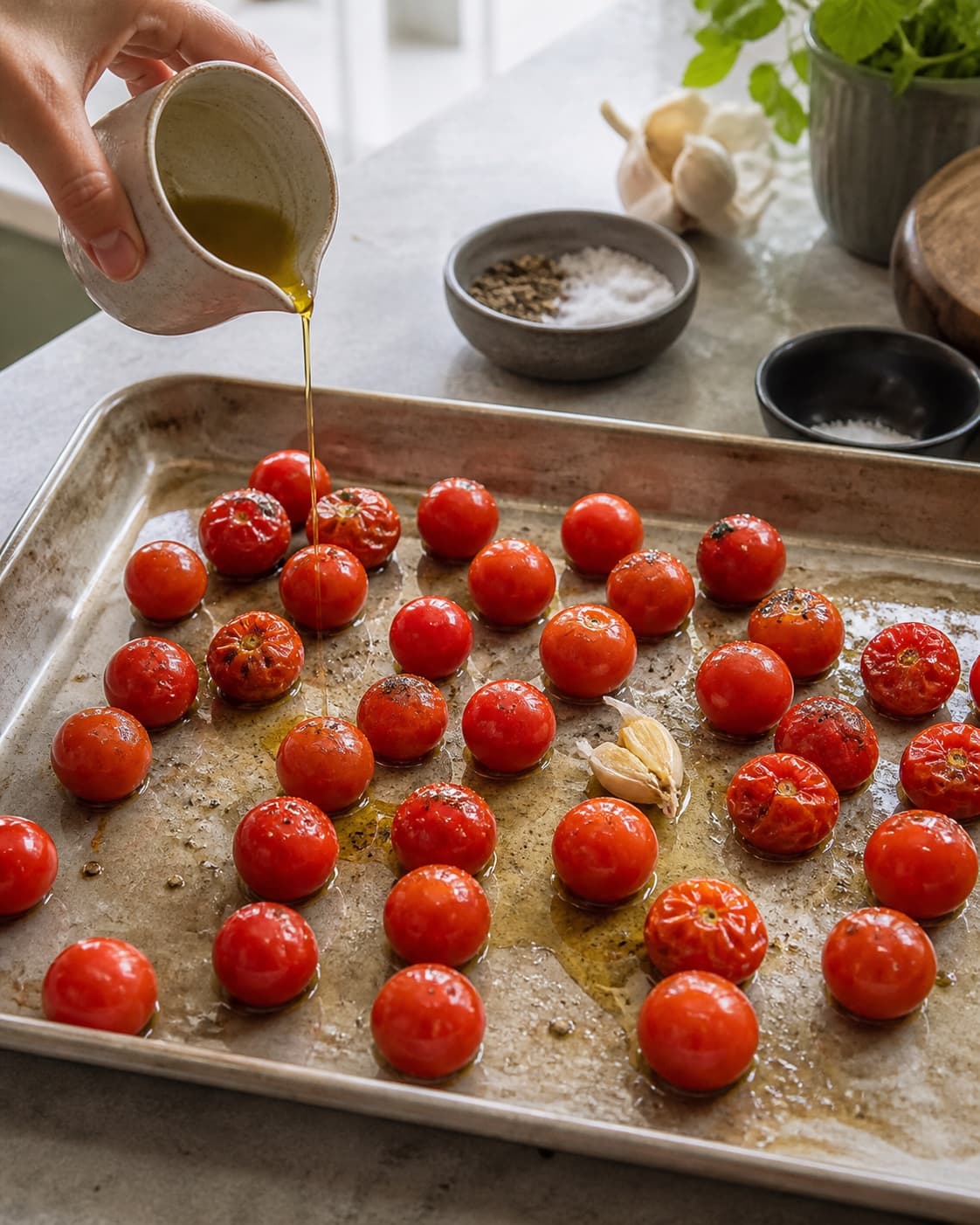 Hele cherrytomater vendes med olie og bages til rynket blankt skind