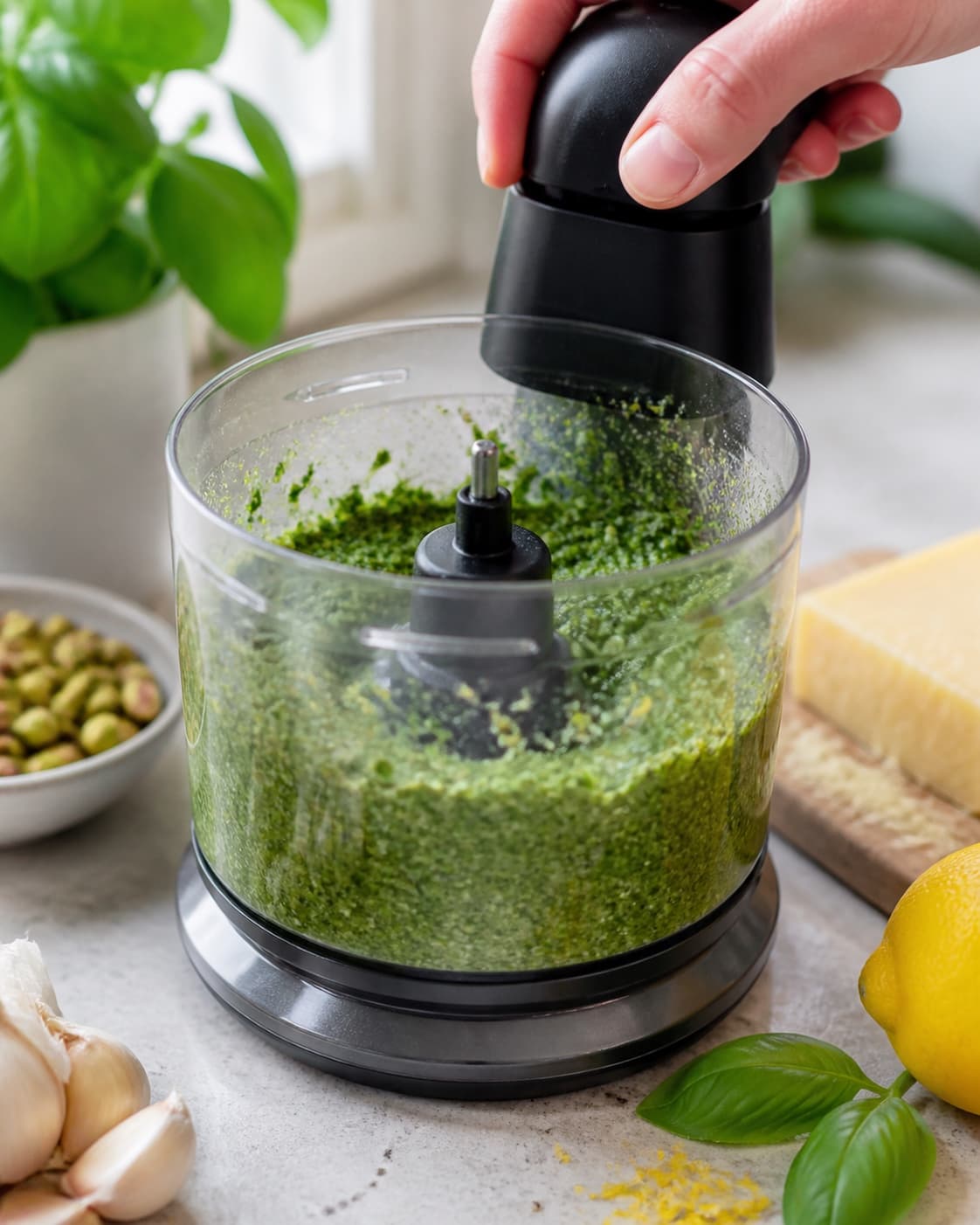 Basilikum, kølede pistacier, parmesan og citron pulseres til grov grøn pesto