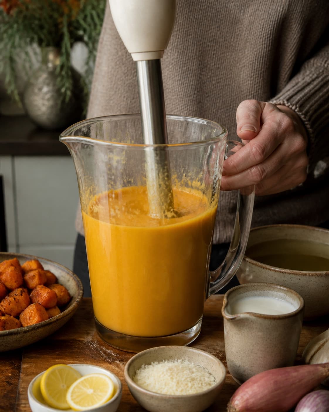 Bagt butternut, skalotteløg og hvidløg blendes med fond, fløde og ost