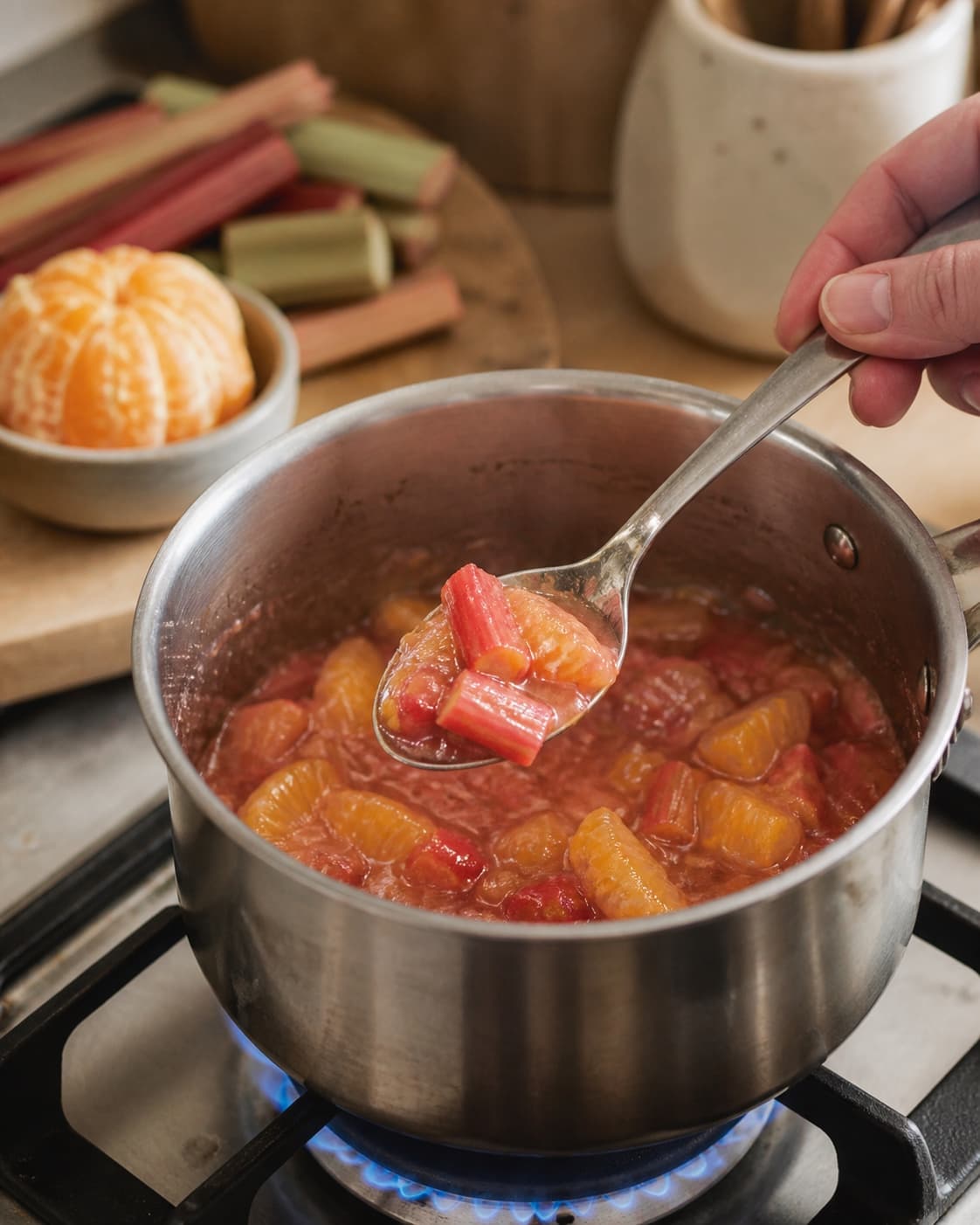 Rabarber og appelsin koges kort til blank kompot med synlige frugtstykker
