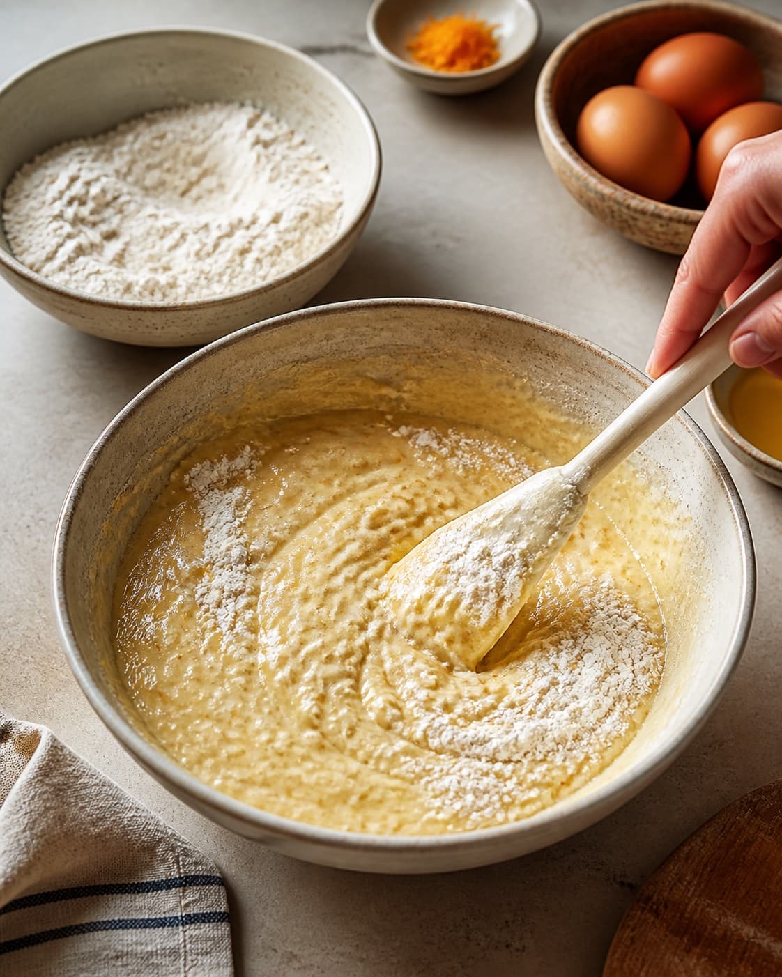 Kærnemælk og æg foldes i de tørre ingredienser med håndvarmt brunet smør