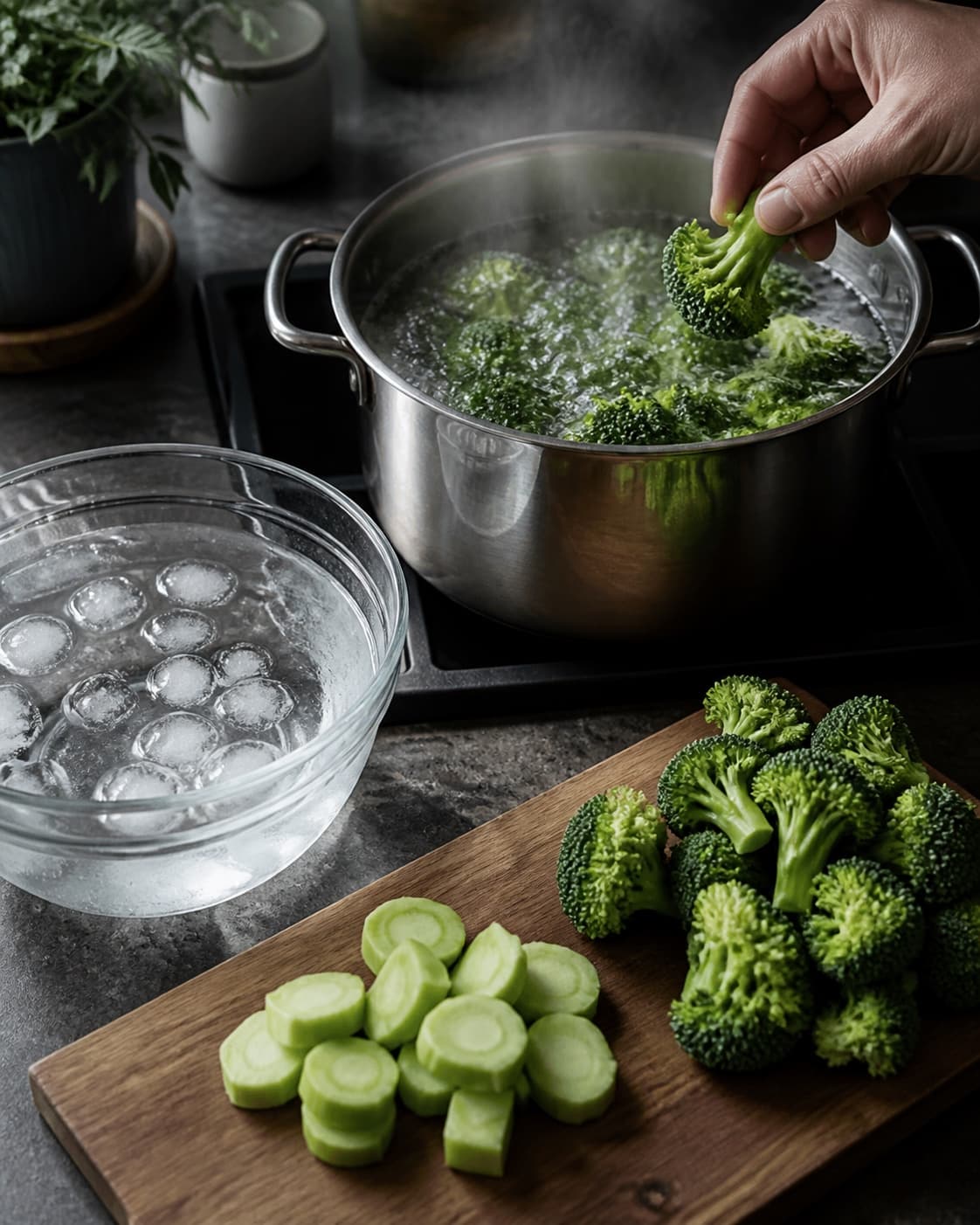 Broccolistok og buketter blancheres grønne og køles straks i koldt vand