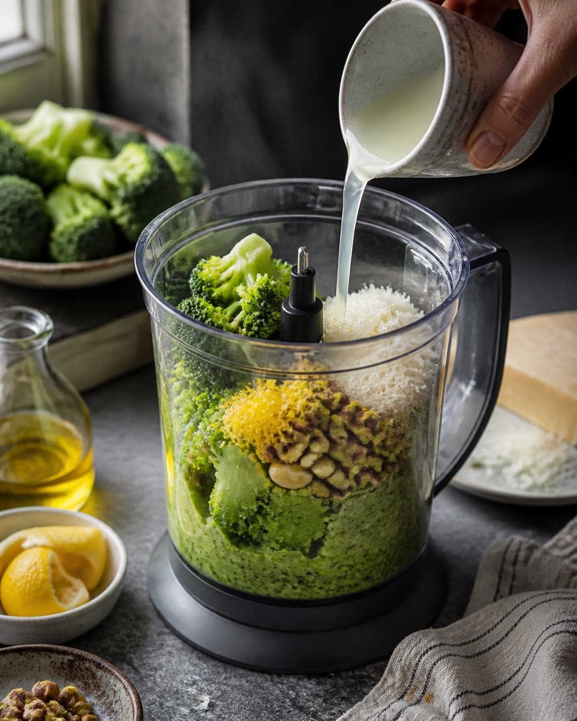 Blancheret broccoli blendes med citron, pistacie, parmesan og olivenolie til grøn sauce