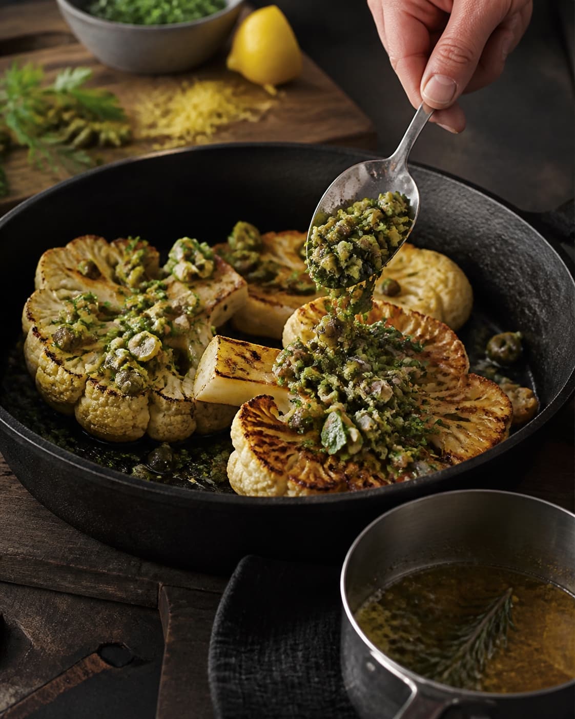 Oliven-pistaciegremolata hakkes groft og fordeles over varme blomkålssteaks
