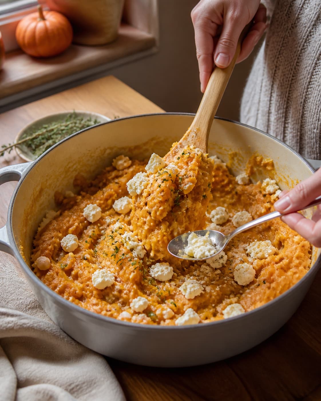 Varm orange hokkaidomos foldes med grove hvide fetastykker væk fra blusset
