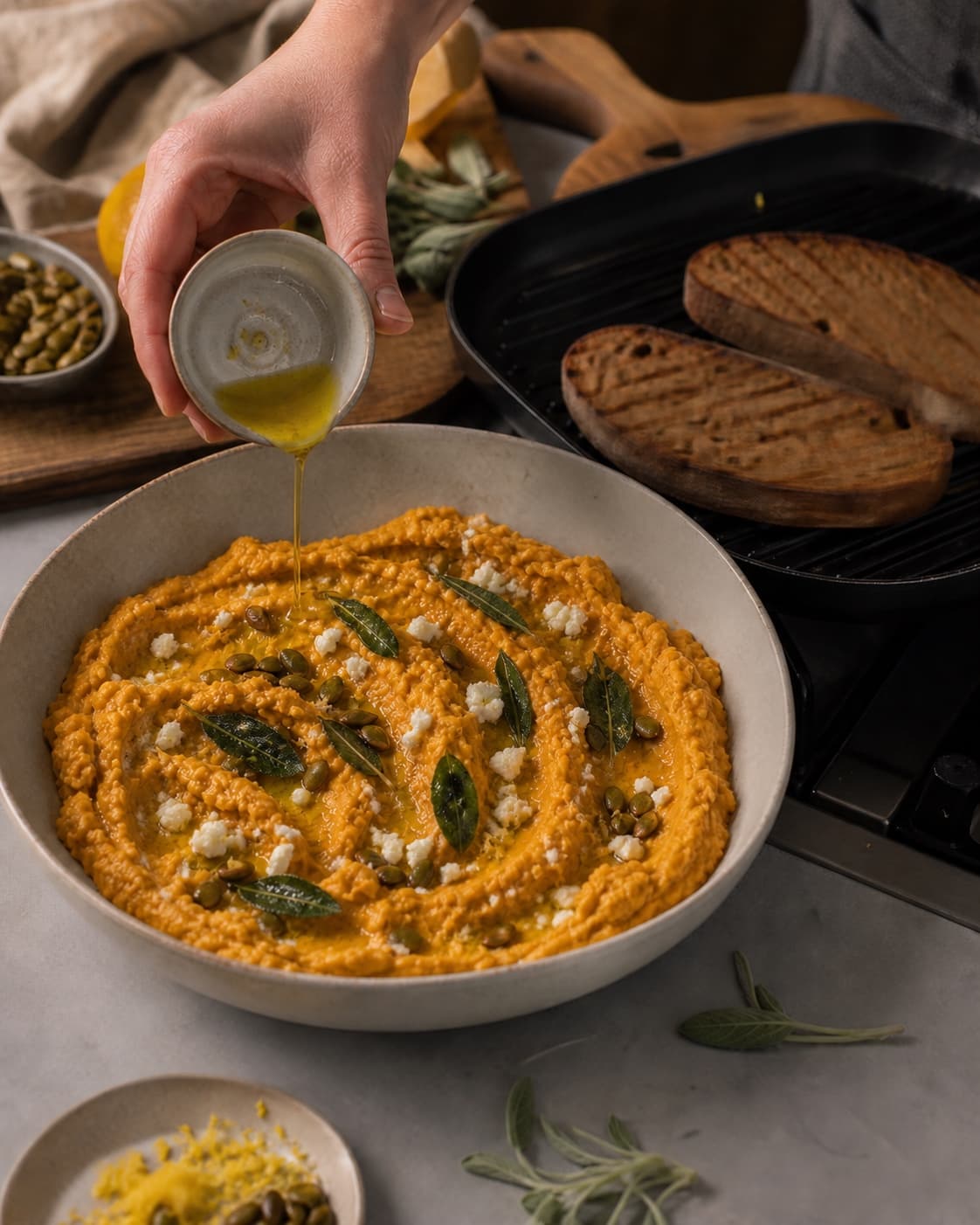 Orange hokkaido-hvidebønnemos afsluttes med feta, salvieolie, kerner og sprødt brød