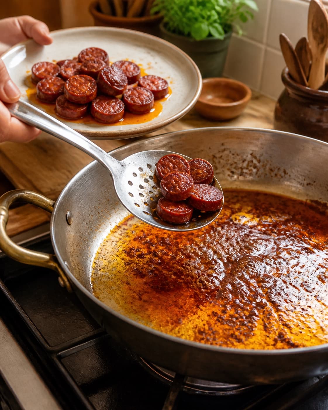 Chorizotern steges brune og sprøde med udsmeltet orange fedt og kontrolleret kernetemperatur