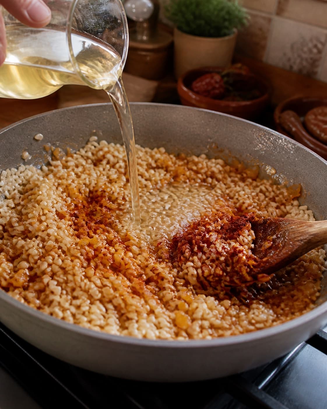 Arborioris ristes blanke i chorizofedt med løg og røget paprika før hvidvin reduceres