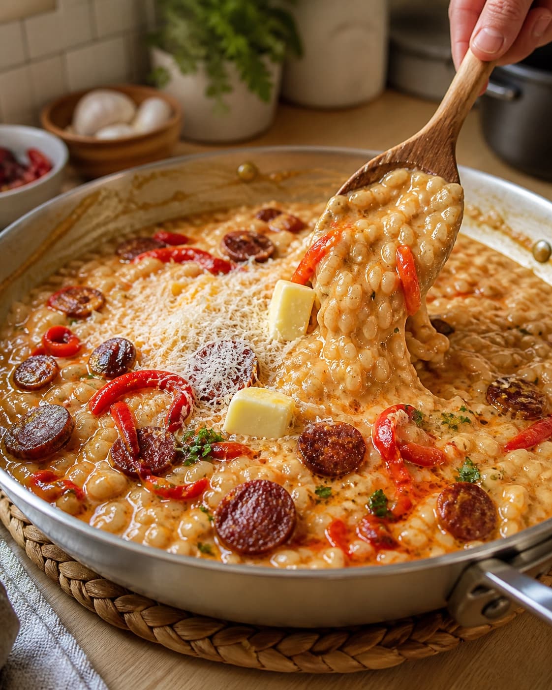 Chorizorisotto monteres væk fra varme med koldt smør, manchego, persille og sprød chorizo