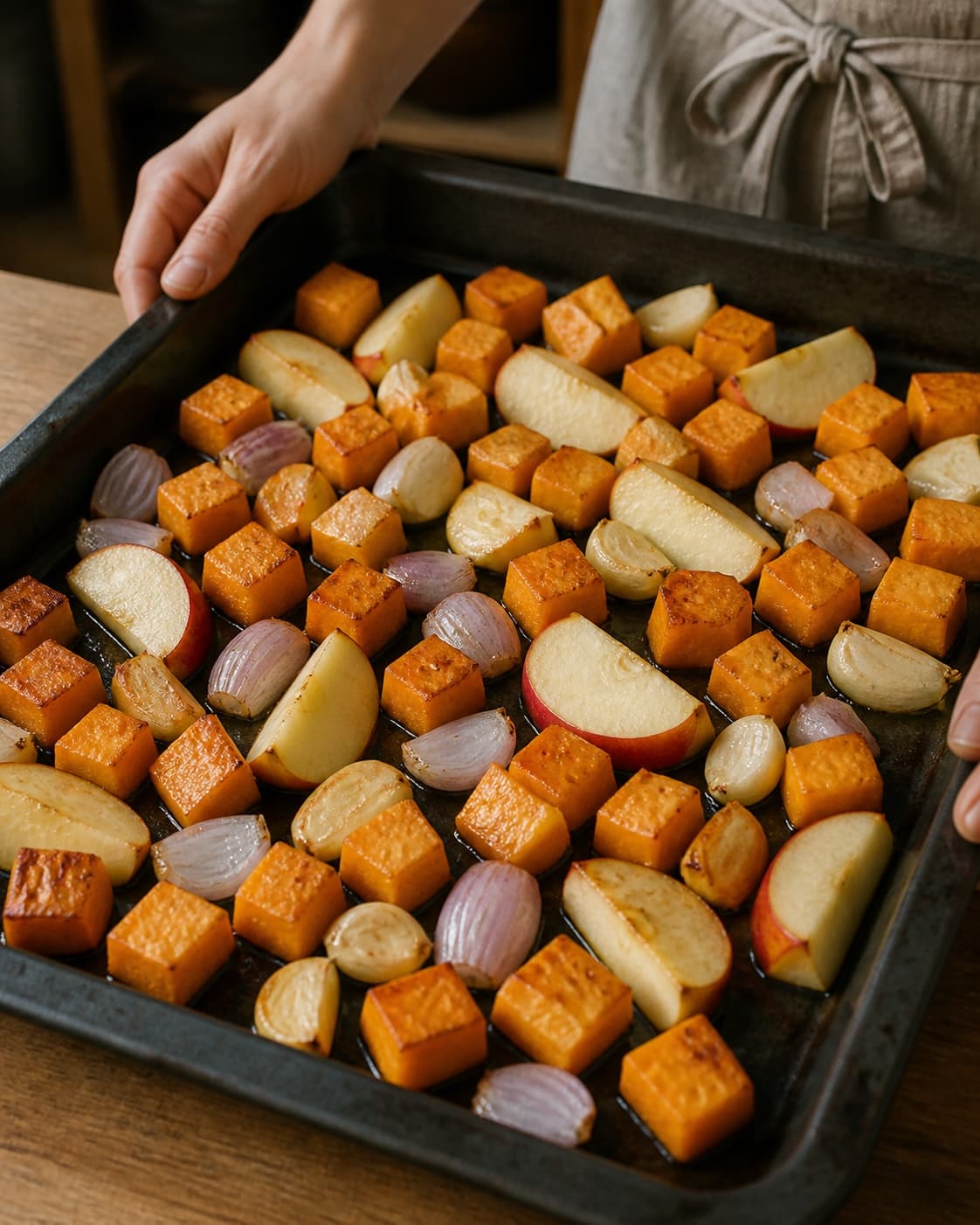 Butternut, æble, skalotteløg og hvidløg ristes i ét lag til gyldne kanter