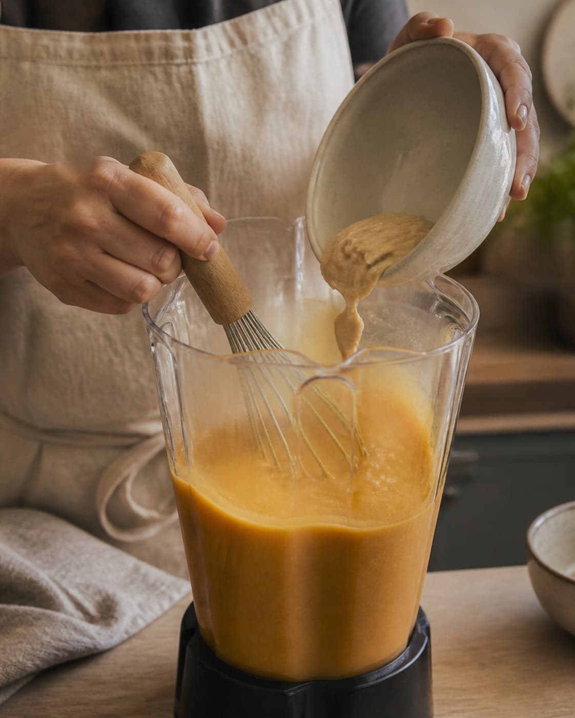 Ristet butternut og æble blendes sikkert med fond før hvid miso piskes i