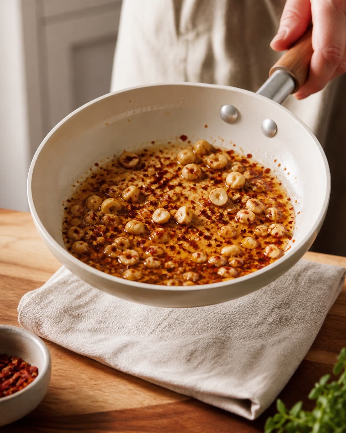 Hasselnødder og chili trækker kort i varm olie til ravrød sprød topping