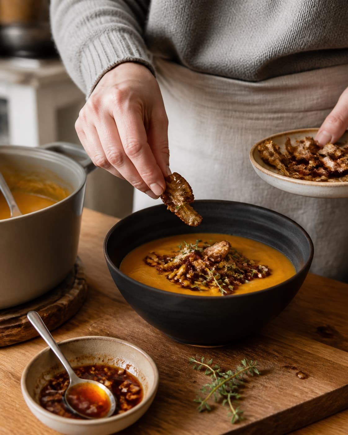 Varm butternutsuppe afsluttes ved bordet med østershatte og hasselnød-chiliolie
