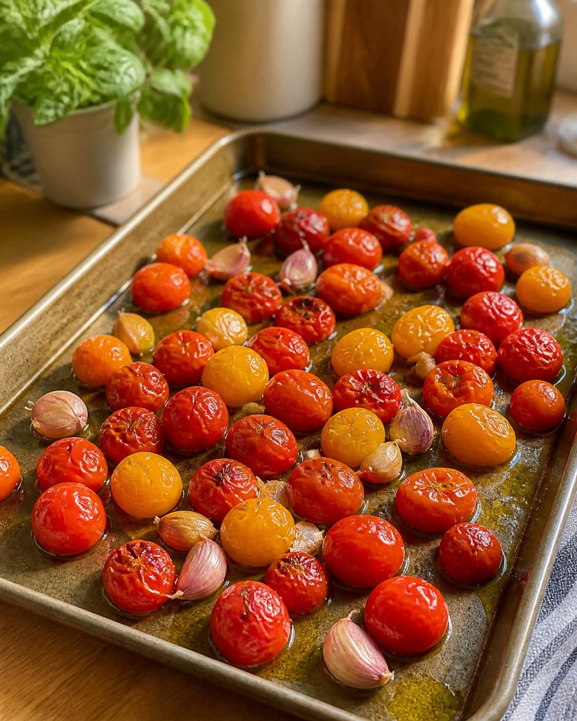 Cherrytomater og hvidløg bages hele til blistrede skind og blank saft