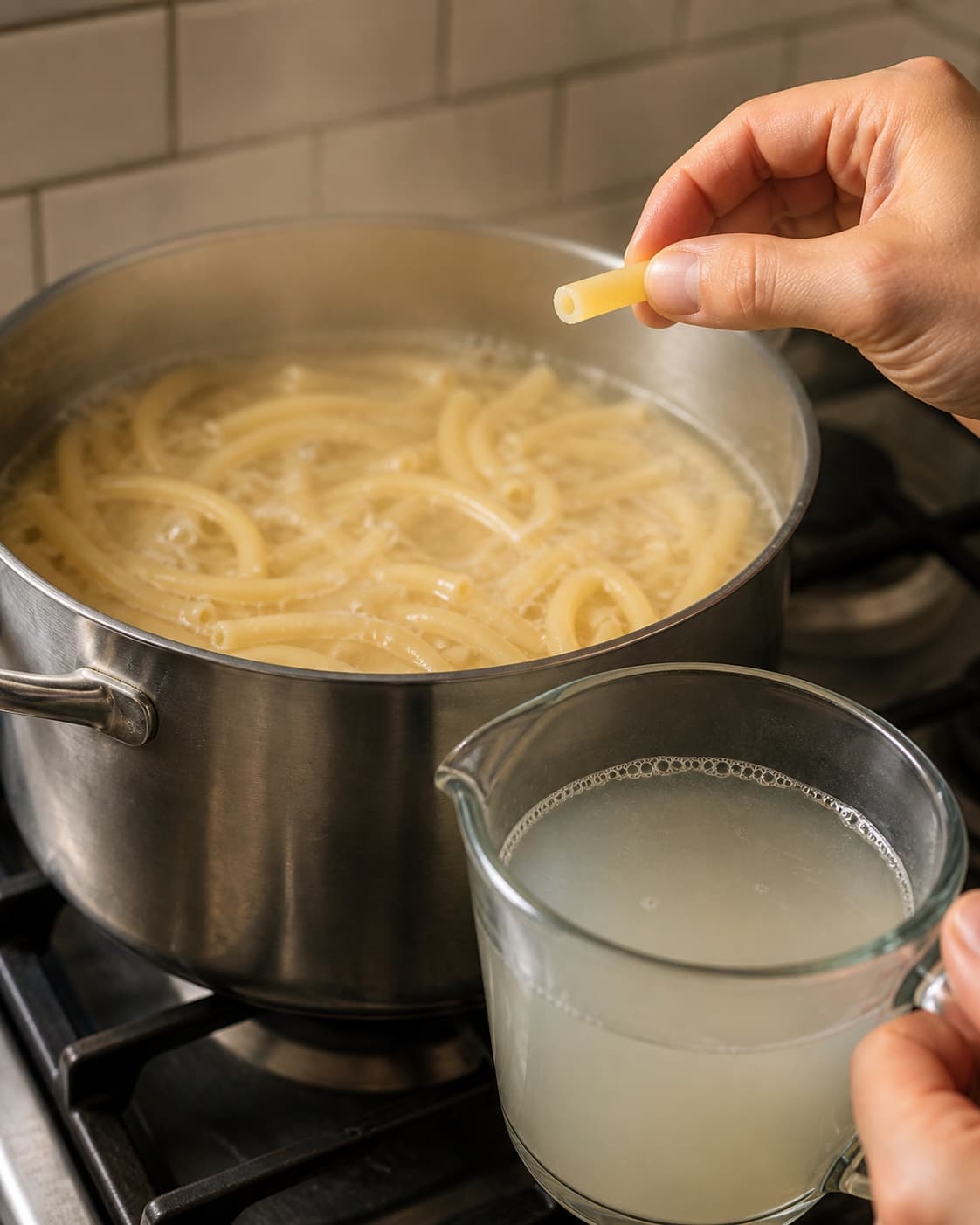 Bucatini kontrolleres for al dente hul kerne mens pastavand reserveres