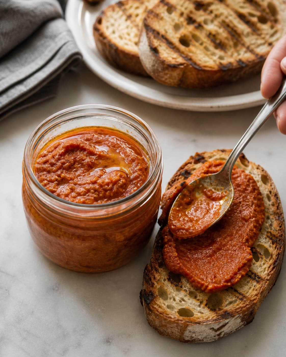 Tomat-mandelpesto pakkes i rent glas og smøres på grillet surdejsbrød
