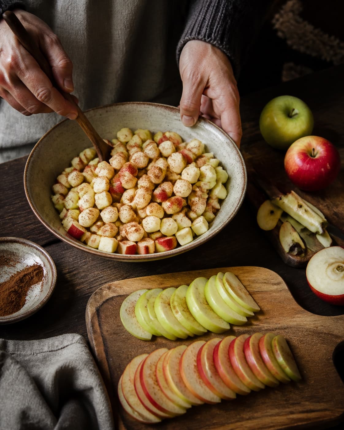 Æbler skæres i små tern til dej og tynde skiver til top og vendes med citron og kanel