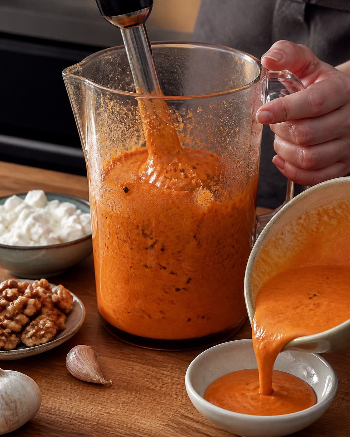 Flåede røde peberfrugter blendes med feta, valnød, paprika og citron til koralsauce