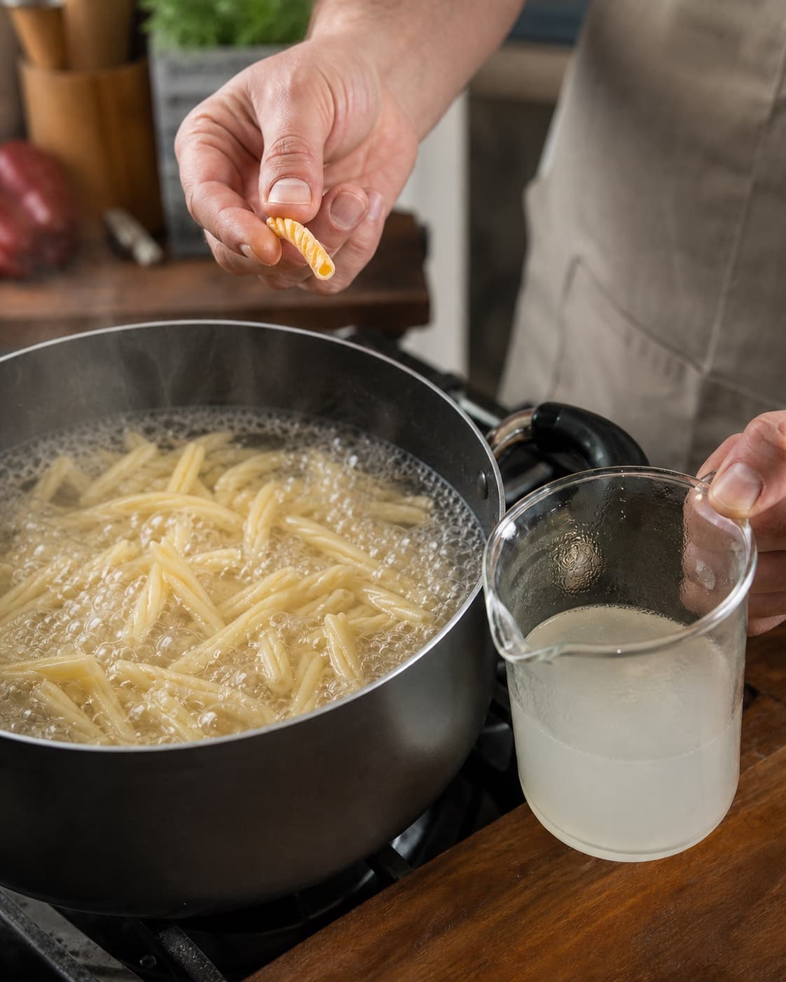 Plain casarecce koges al dente i klart vand mens uklart pastavand gemmes