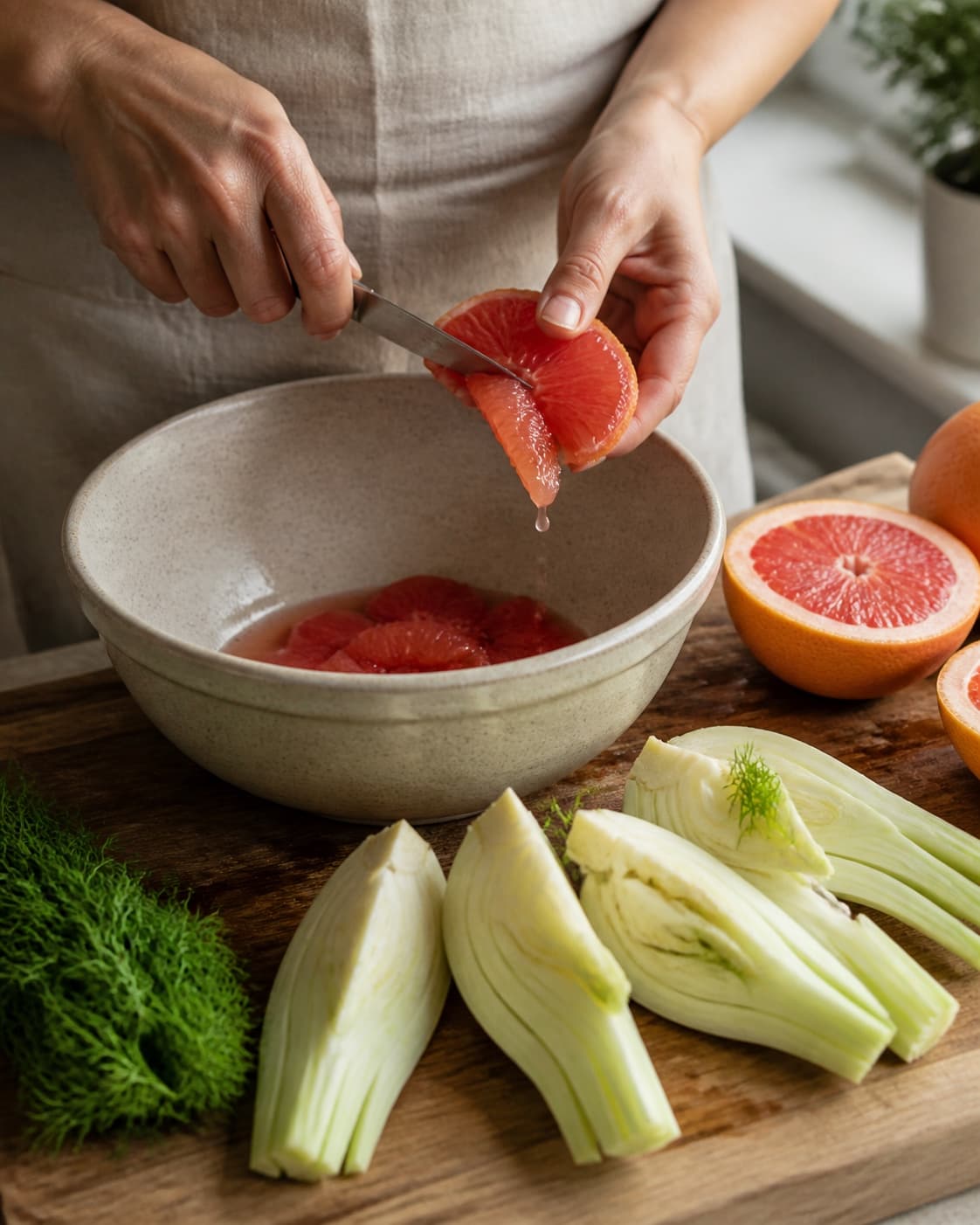 Grapefrugt fileteres over en skål, mens fennikel skæres i både gennem roden