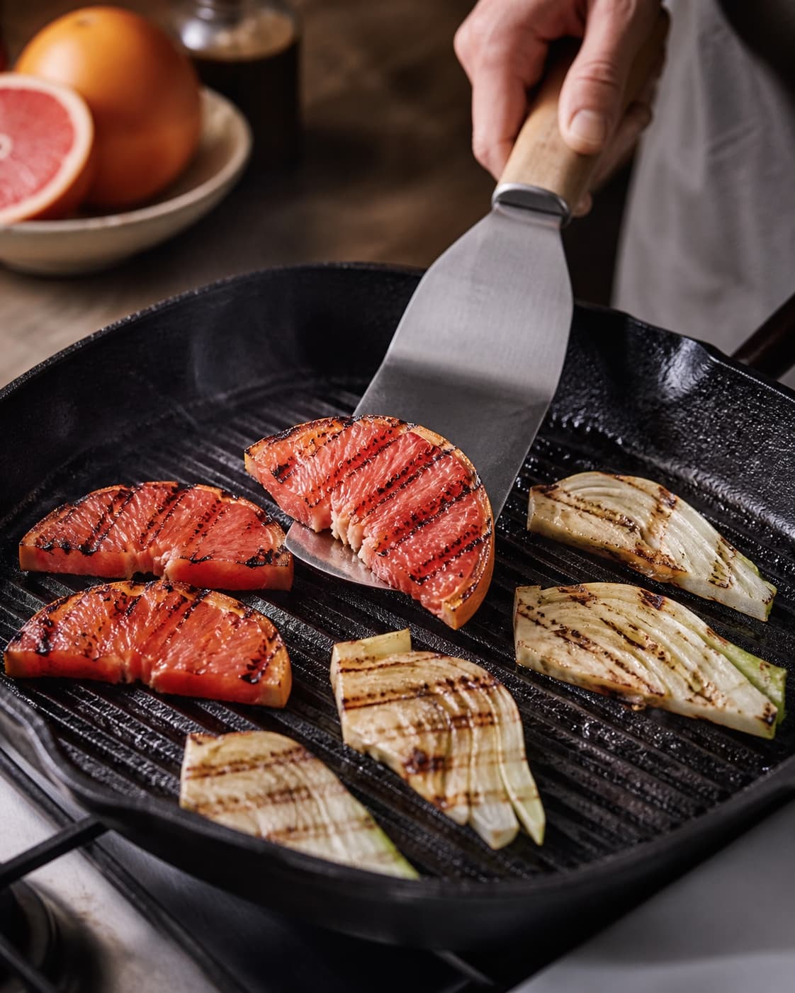 Fennikelbåde og tykke pink grapefrugtskiver får mørke striber på varm grillpande