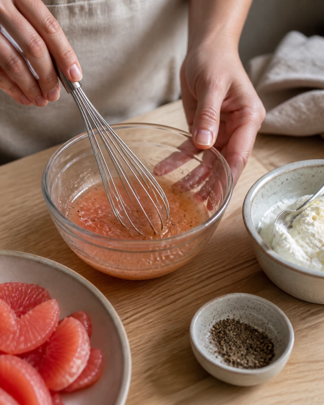 Grapefrugtsaft, citron, honning og olie piskes til blank lyserød dressing