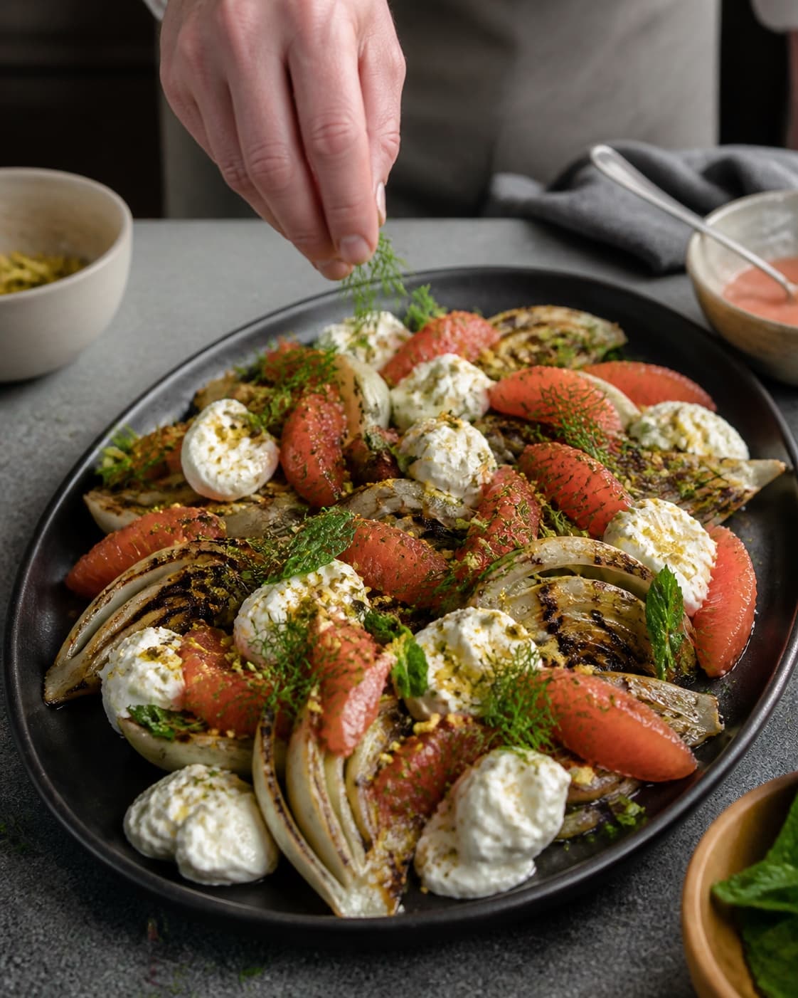 Grillet fennikel og grapefrugt samles med stracciatella, urter og grøn pistaciedukkah