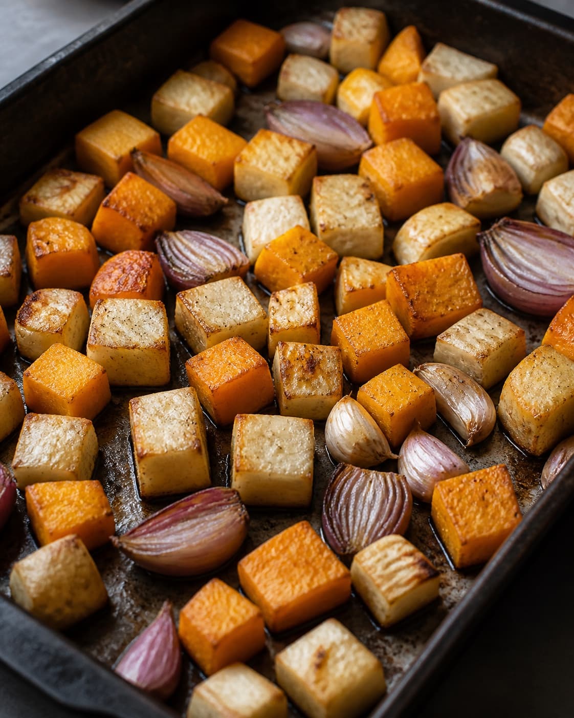 Butternut og knoldselleritern ristes i ét lag med skalotteløg og hvidløg