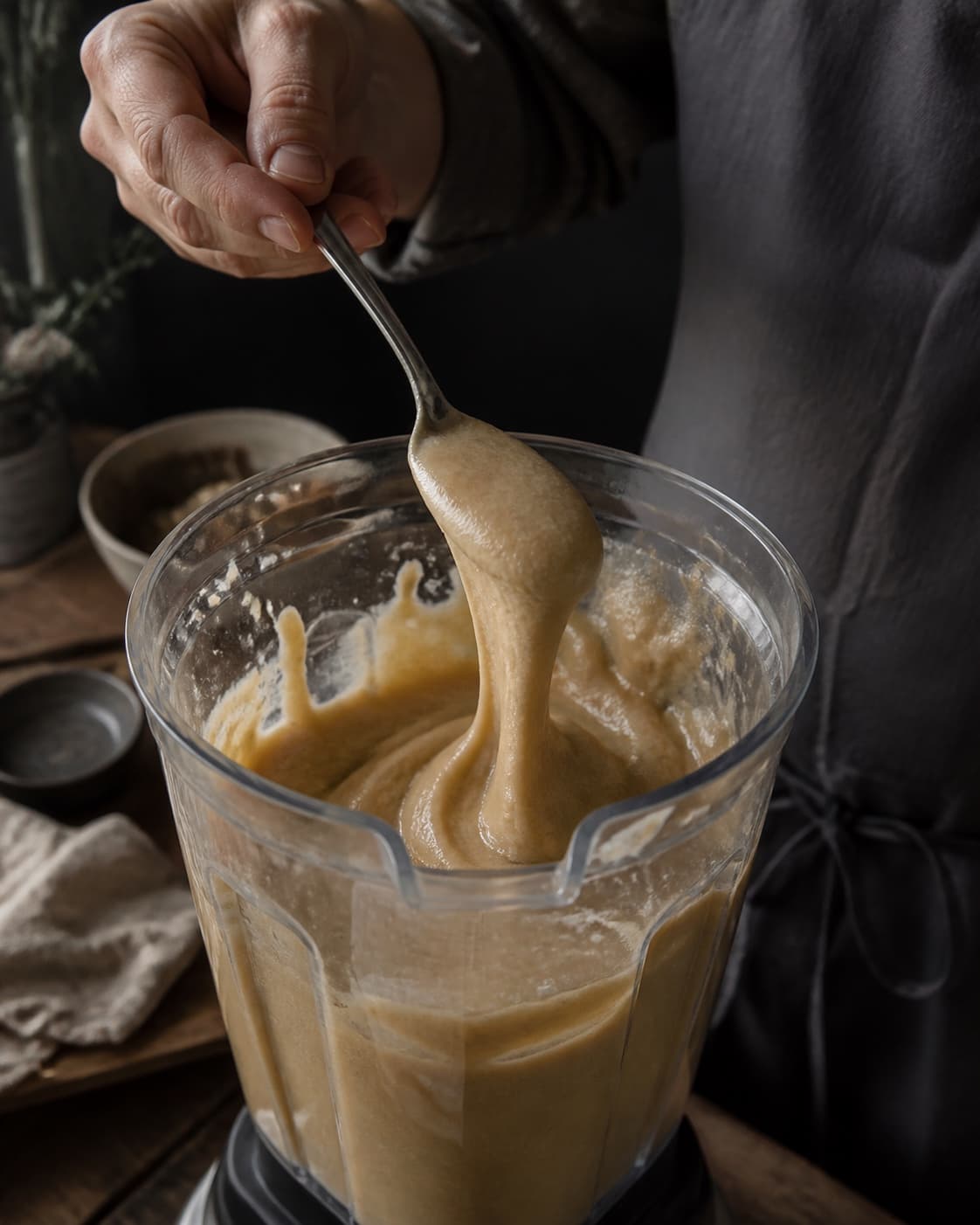 Ristet butternut og knoldselleri blendes med fond, smør og hvid miso til tyk puré