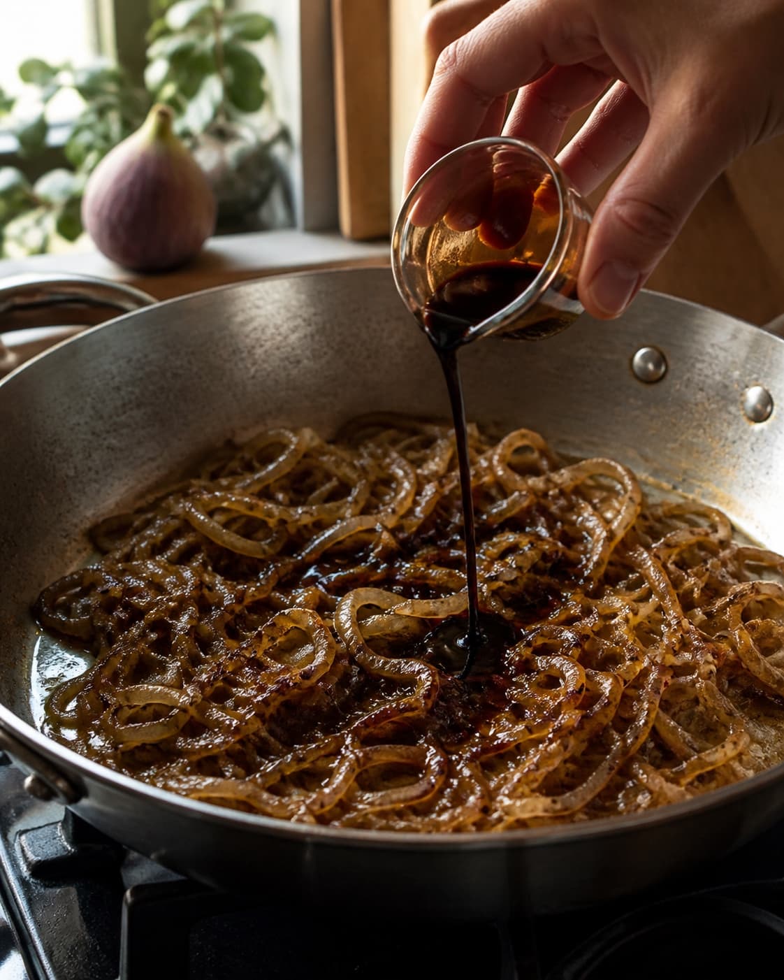 Skalotteløgsbåde karamelliseres langsomt og glaseres med balsamico til næsten tør pande