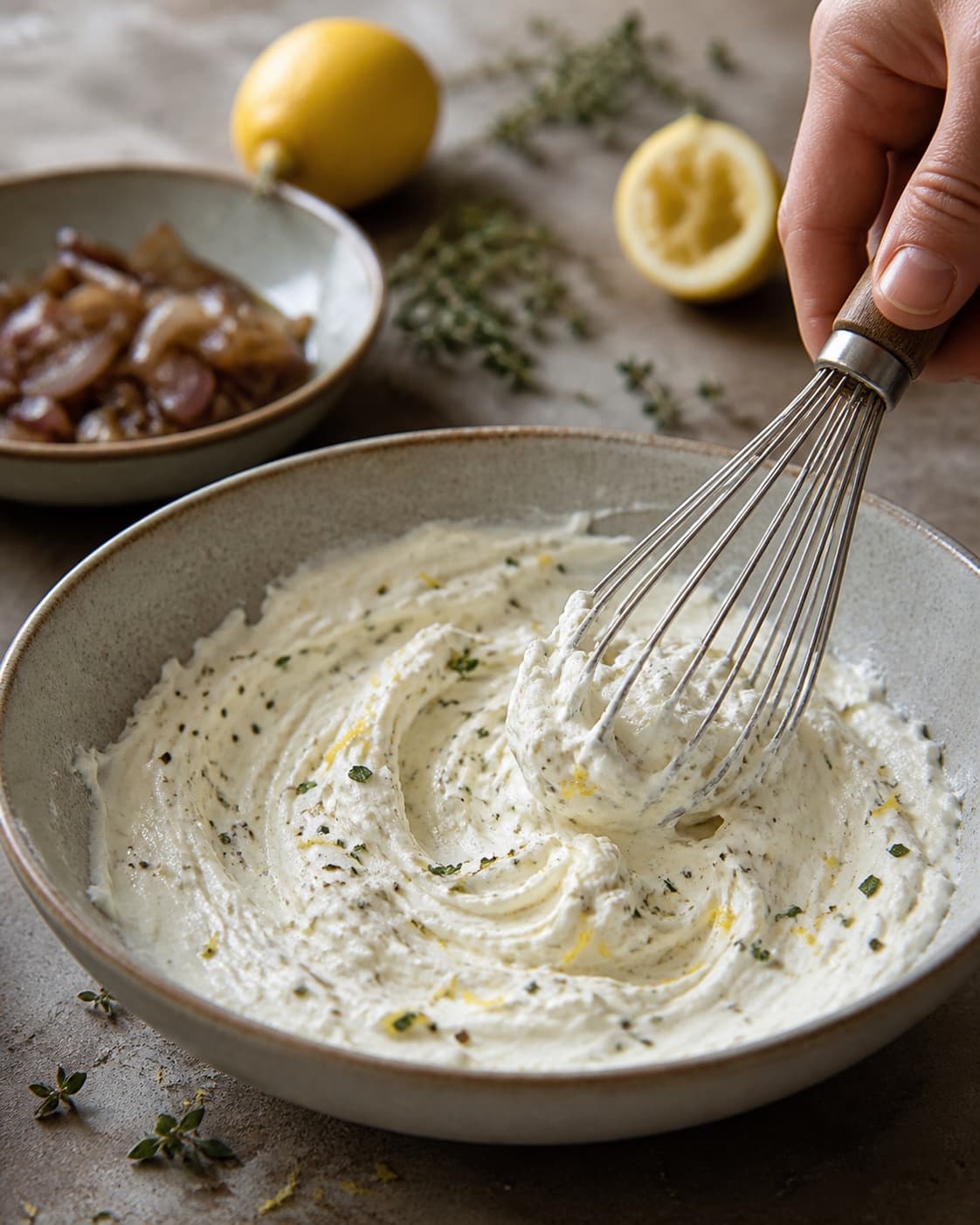 Frisk gedeost piskes med yoghurt, citronskal og timian til luftig creme