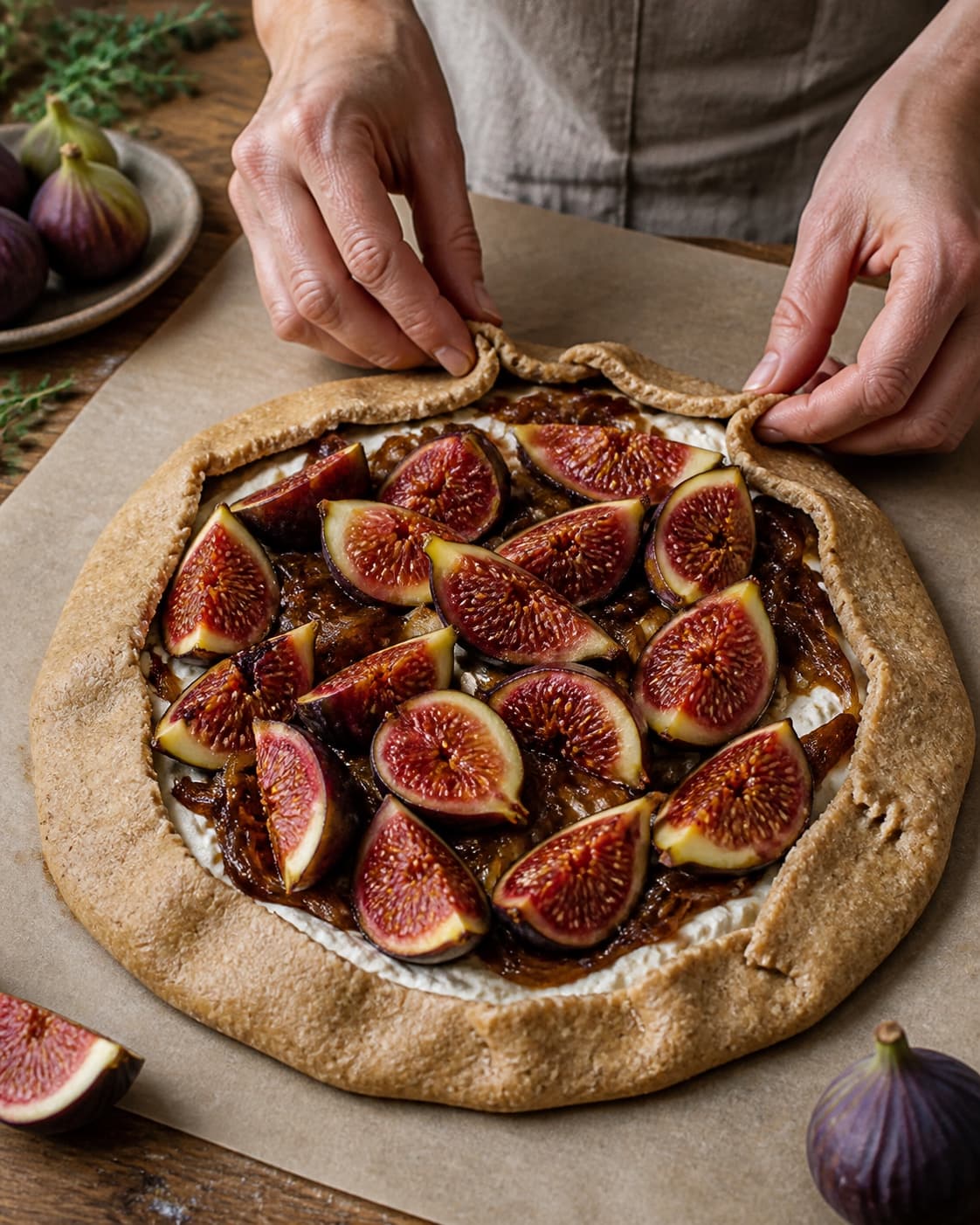 Rund rugdej fyldes med gedeostcreme, balsamicoløg og figenbåde før kanten foldes